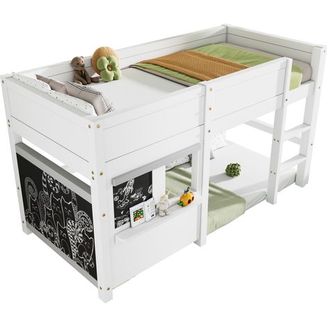 Lit cabane pour enfant, lit de jeu, lit mezzanine avec deux panneaux inscriptibles façon graffiti et petite tablette, 90x200, blanc [OLD SKU:2906401AAW]