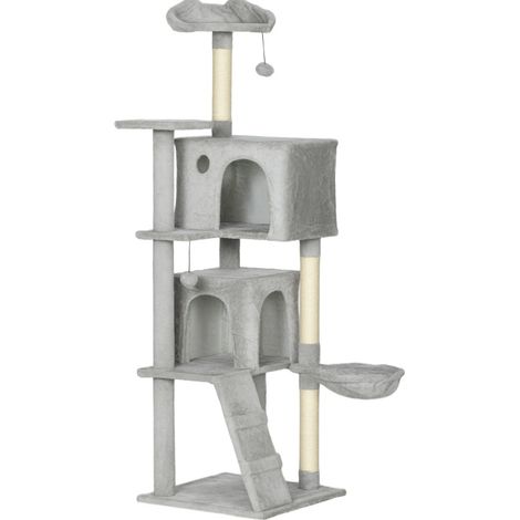 Arbre à Chat 160 Cm Gris Clair Avec Plateformes, Hamac, Grotte, Échelle Et Troncs En Sisal (1/5)