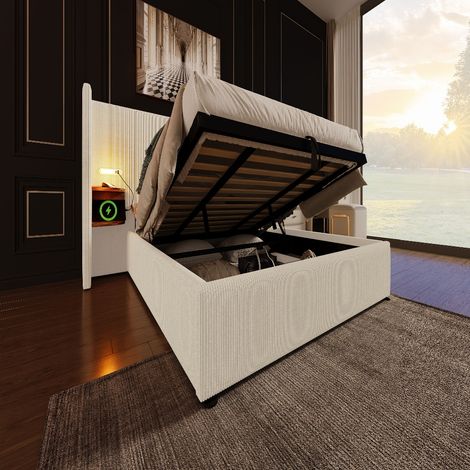 Polsterbett 180x200 mit Stauraum und Lattenrost, Doppelbett aus Cordstoff mit Ladefunktion, Leselampe & integriertem Nachttisch, Beige-Weiß (1/5)