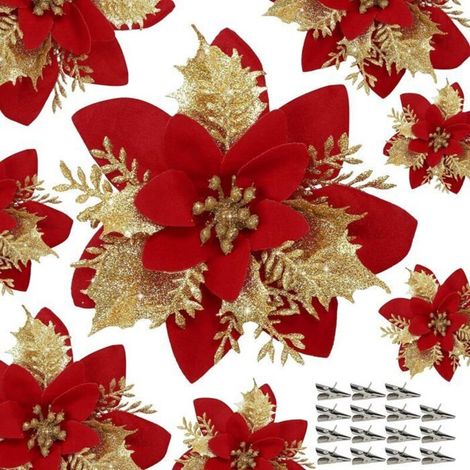Poinsettia artificiel - Non spécifié - Lot de 15 - Rouge - Paillettes - 14 cm (1/5)
