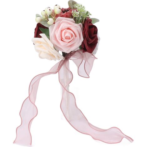 Bouquet de mariée aux couleurs éclatantes, orné de fleurs, romantique, fait main, élégant, idéal pour les fêtes, bureaux, boutiques, jardins, style demoiselle d'honneur, 25 x 14 cm, type C (1/5)