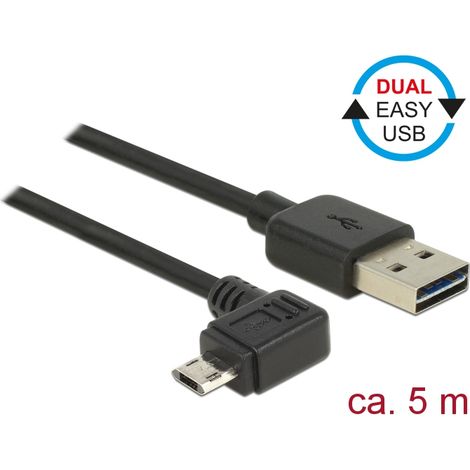 Delock Cable EASY-USB 2.0 Tipo-A macho  EASY-USB 2.0 Tipo Micro-B macho, sesgado hacia la izquierda y hacia la derecha, de 5 m y negro