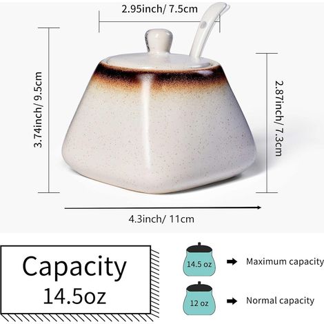 Sucrier JeiibrZui avec cuillère - 400 ml - Sucrier en céramique avec couvercle - Pot à épices en porcelaine - Blanc - Idéal pour la cuisine et le (1/5)