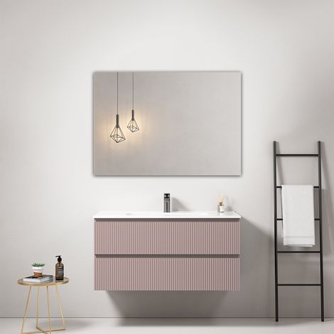 Mobile bagno sospeso cannettato 100 cm Rosa Retro Lavabo in Ceramica Specchio Quadro - Fiji Paint