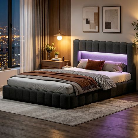 Lit Coffre 160x200 cm, Lit Double avec Port USB et LED, Lit Rembourré avec Sommier à Lattes, Rangement Hydraulique, Lin Gris (1/5)