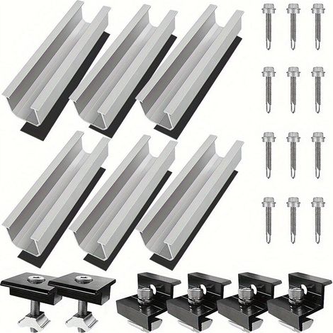 Rail solaire aluminium 120 mm, kit fixation photovoltaïque 6 pièces avec pinces panneau solaire et vis inox 304 pour toit plat ou incliné (1/5)