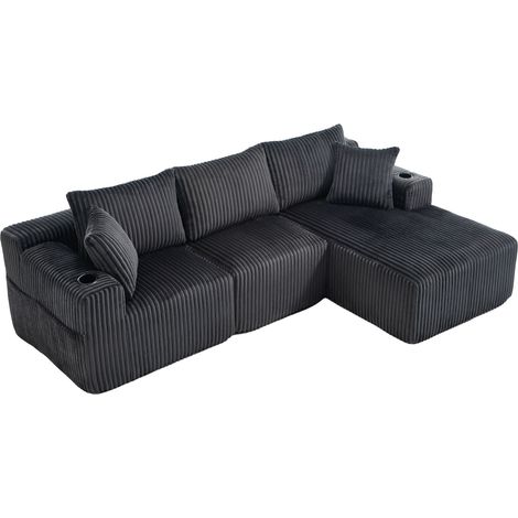 Canapé modulaire avec chaiselongue, revêtement en velours côtelé, 5 coussins, poches latérales et porte-gobelets (1/5)