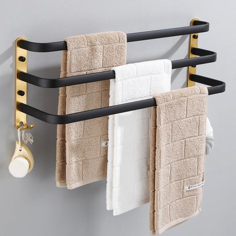 Porte-Serviettes Mural avec 2 Crochets Porte Serviettes Salle de Bain Etagères Serviette en Aluminium Noir + Or 3 Couche 40cm (1/5)