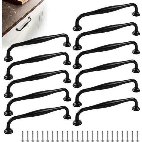 Set di 12 maniglie nere per mobili – Alluminio – Interasse fori 128 mm – Lunghezza 14,5 cm – Maniglia nera per armadi con viti da 22 mm – Per cucina, cassetti, credenze, guardaroba – Facile installazi (1/5)