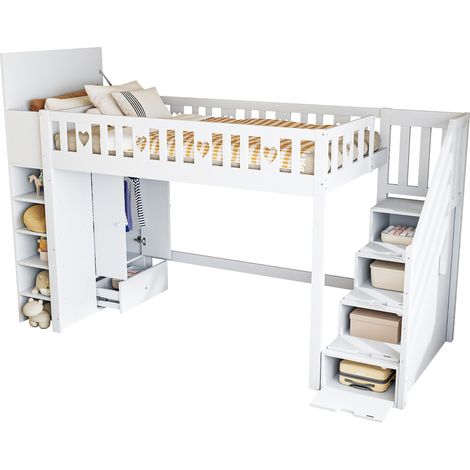 Lit mezzanine 90x200 cm avec échelle de rangement, étagères et armoire rabattable, blanc, espace libre sous le lit pour chambre enfant, sans matelas CHICFURN (1/5)
