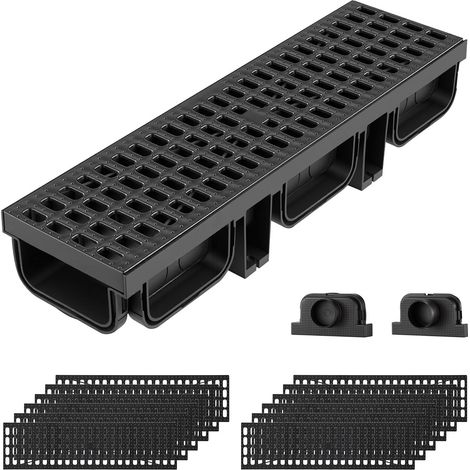 Caniveau de Drainage Linéaire Extérieur 510x140x90 mm Lot de 12 PEHD, Caniveau avec Grilles et Embouts, Système de Drainage pour Terrasse, Piscine, Allée, Jardin, Cour, Garage et Trottoir, Noir (1/5)
