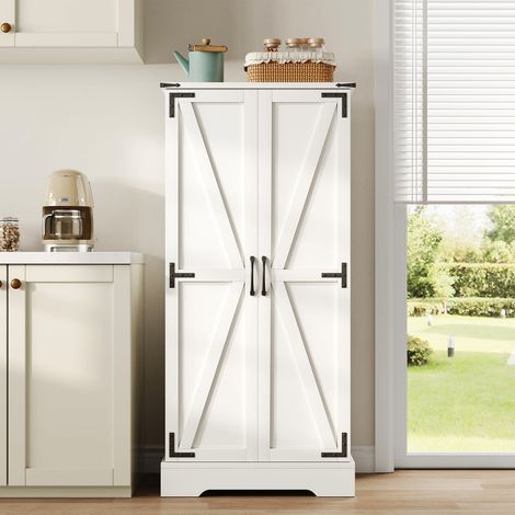 Buffet led 128.5cm, blanc avec 2 portes battantes et étagères réglables, style campagne (1/5)