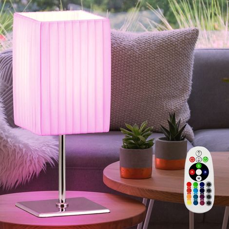 Lampe de table blanche, dimmable, liseuse textile télécommandée, chromée dans un ensemble comprenant des ampoules LED RVB (1/5)