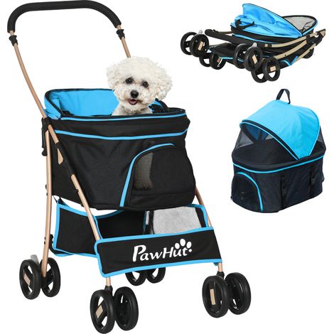 Petit chariot pour chiens 3 en 1, panier de rangement amovible pour chariot, sangles de sécurité et coussin bleu