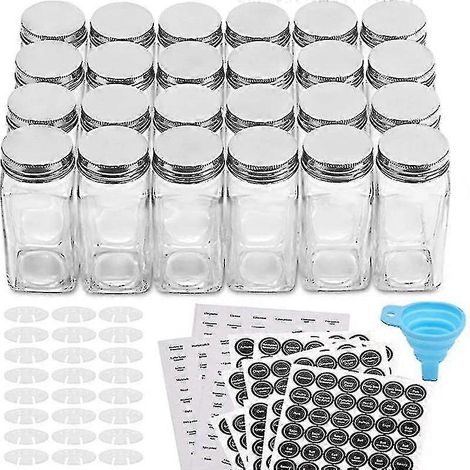 12 pots/flacons à épices en verre - avec 20 étiquettes pour épices - Couvercles à secouer et couvercles métalliques hermétiques - Entonnoir pliable en silicone inclus (1/5)