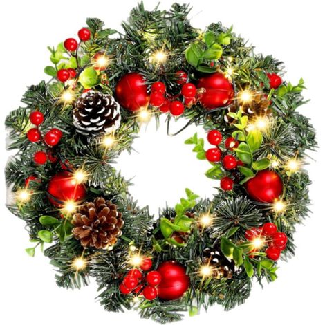 Guirlande De Noël Avec Lumières - Couronne De Pin Artificielle Avec Baies Et Pommes De Pin - Pour Porte D Entrée Mur Ou Cheminée - 20 Cm - 1 Pièce (1/5)