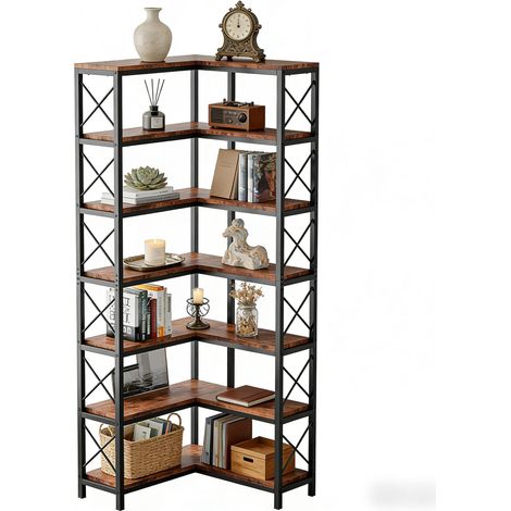 CHICFURN Libreria angolare 60x24x200 cm in metallo e legno nero, stile industriale (1/5)