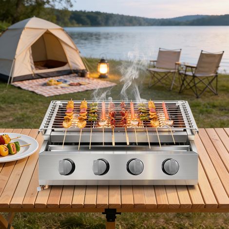 【Maison connectée】Barbecue à Gaz en Acier Inoxydable à 4 Brûleurs, Barbecue de Table avec Réglage de la Hauteur, Grille Amovible et Bac Récupérateur d'Huile, Allumage Électronique, pour Camping et Ext (1/5)