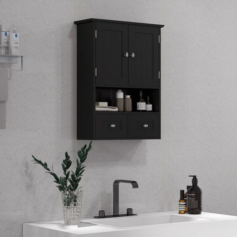 Mobiletto da bagno a parete, contenitore sospeso con 2 ante e 2 cassetti, 50,8x17,8x66 cm, nero.