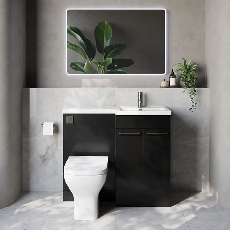 Napoli 390 Matt Black 1000mm 2 Door Vanity Unit Toilet Suite with Right Hand Square Lucia Basin - 1000mm - Gunmetal Grey 160mm HandleWith Kingston Toilet Pan and Seat