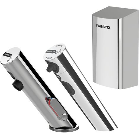 Pack mitigeur infrarouge avec robinet d'arrêt + Distributeur de savon infrarouge + Sèche-main PRESTO Linea Chromé