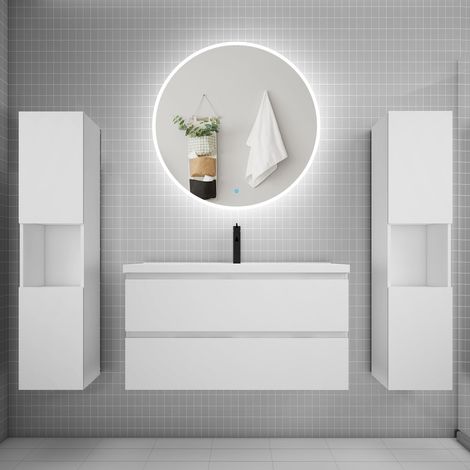 Ensemble meuble vasque L.99cm 2 tiroirs + lavabo + LED miroir rond 90cm + 2colonne,blanc A (1/5)