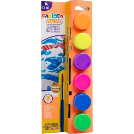 CAJA 6 BOTES DE TÉMPERA CON PINCEL NEON CARIOCA 40486