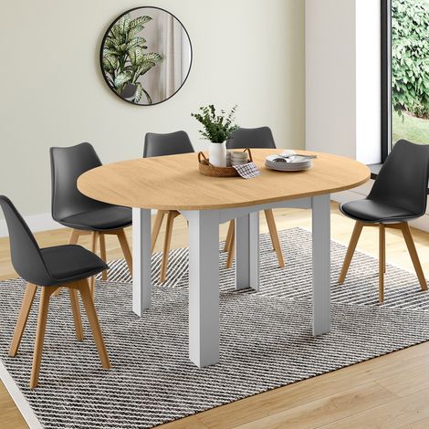 DONA mesa de comedor redonda extensible 4-8 personas tablero blanco efecto haya 120-160 cm (1/5)