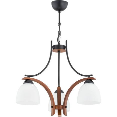 Alfa BAFIA Classic Wooden Pendant Ceiling Lamp, 3-Light E27 (3x15W), Black Metal & Walnut Wood, 52cm Wide, White Shades, Dimmable, for Living & Dining Rooms