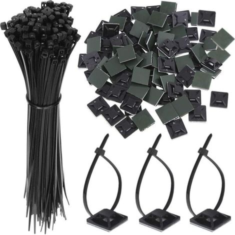 100PCS Zip Tie Adhésifs Noir Collier de Serrage Supports Auto-Adhésifs 150mm x 2.5mm, Base de Serre-Câbles avec Attache Cable Universel à Usages Multiples