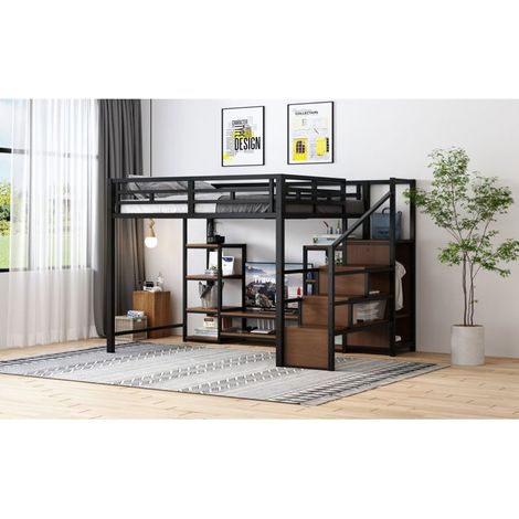 Lit Mezzanine 140 x 200 cm Support TV Prise électrique Échelle de sécurité Structure métal et bois Rangement pratique Coloris noir (1/5)
