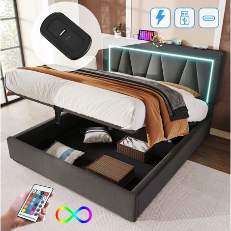MEUBLIV Polsterbett 140x200 cm Leinen grau mit LED, USB, Stauraum, ohne Matratze (1/5)
