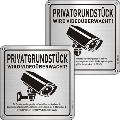 Lot de 2 panneaux de vidéosurveillance privée - Avec avertissement - 15 x 15 cm - En aluminium - Avec autocollant (1/5)