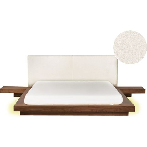 Lit Japonais avec LED Tête de Lit Bouclé et 2 Tables de Nuit 160 x 200 cm Bois de Frêne Marron Zen