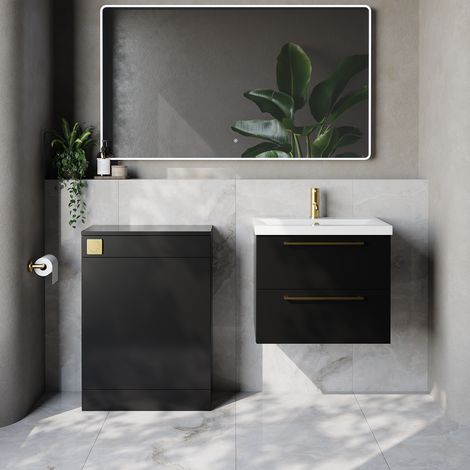 Napoli 390 Cento Matt Black 1200mm Wall Mounted 2 Drawer Vanity Unit and Toilet Suite with Glide Basin - 1200mm - Brushed Brass 320mm HandleWithout Kingston Toilet Pan