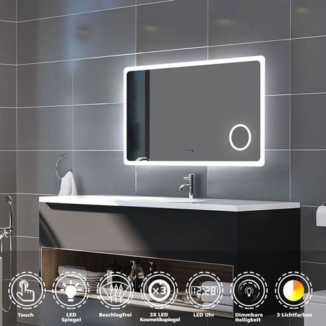 LED Badezimmerspiegel Badspiegel mit Beleuchtung Wandspiegel mit Touch, Antibeschlage, 3-Fach Lupe, Uhr, 3Farbe Dimmbar 2700-6500k, Doppelte Kontrolle IP44 80x60cm (1/5)