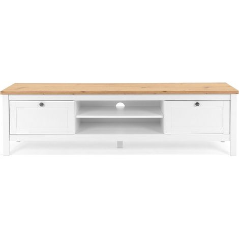 BERGEN Meuble TV 2 tiroirs - Decor chene artisan et blanc - L 160 x P 45 x H 40 cm (1/5)
