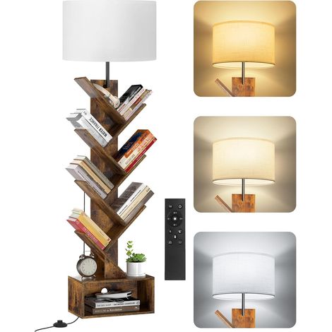 Petite Bibliothèque Arbre en Bois sur Pied avec Éclairage, Étagère à 6 Niveaux avec Télécommande et Minuteur, Meuble d’Angle pour Livres, CD et DVD, pour Salon, Chambre, Bureau (1/5)