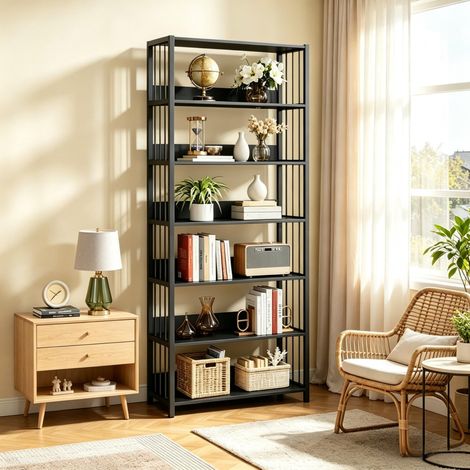 Étagère ouverte sur pied à 6 niveaux en MDF et métal 80 x 30 x 190 cm noire OKWISH (1/5)