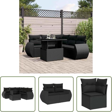 The Living Store 6-tlg. Garten-Sofagarnitur mit Kissen Schwarz Poly Rattan - Gartenmöbel Set - PE-Rattan Möbel - Outdoor Lounge - Gartenecke - Sofasitzgruppe (1/5)