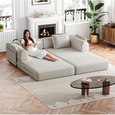 FloraGrace Canapé-lit modulable 1 place, chenille kaki, rangement accoudoir, structure acier, montage requis (1/5)