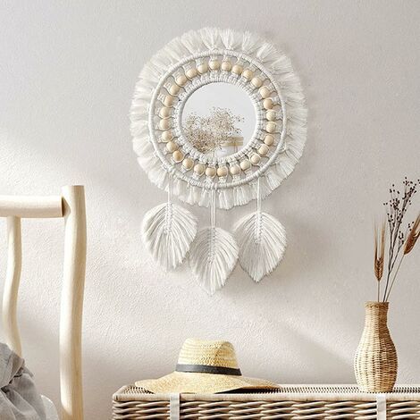 Macramé Miroir Muraux Suspendu avec Frange Rond Mural Miroir Décoratif Plume Pendentif Art Ornement pour Appartement Maison Chambre Salon (1/5)