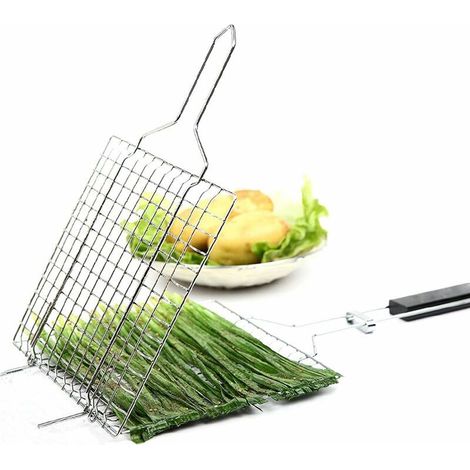 BBQ Grill Basket, Camping Travel Stainless Steel Barbecue Cooking Grill Grilling Basket with Wooden Handle for Sausage Fish Vegetables, 23 x 22 cm (1/5)