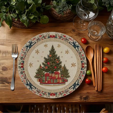 Sets de table de Noël style américain, dessous de plat antidérapants et isolants thermiques pour cuisines de restaurant, résistants aux taches et à l'usure, en stock - Lot de 6 pièces (vinyle) 36 x 36
