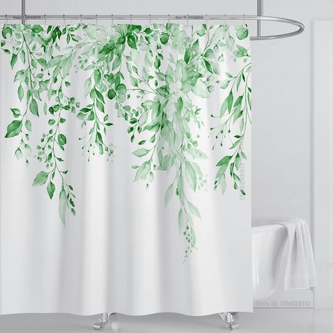 Filiyano-Rideau de douche en tissu eucalyptus vert émeraude, motif de feuilles de plantes entrelacées et de fleurs, avec crochets, L 180 x H 220 cm