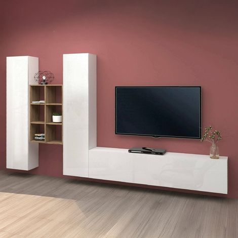Dmora - Pared Equipada Dcola, Conjunto de salón Mueble de TV con 3 puertas, Mueble de salón polivalente, 100% Made in Italy, cm 320x30h180, Blanco brillo y Arce (1/5)