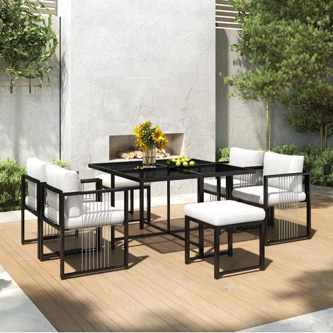 Set da pranzo da giardino in metallo nero e bianco con tavolo in vetro temperato, 4 poltrone, 2 poggiapiedi e cuscini (1/5)