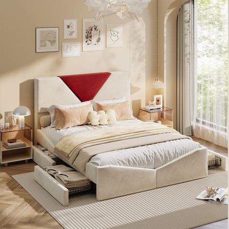 lit 140 x 190cm avec tiroirs, lit 140x190 avec sommier, Cadre de Lit pour 2 Personne, Sommier à Lattes, lit adulte, velours, Beige