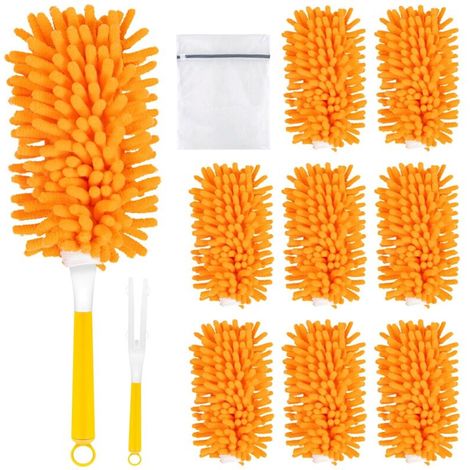 8 plumeaux lavables pour Swiffer Duster, Recharge magnétique Anti-poussière, Chiffons réutilisables à 360° pour Balai à poussière Swiffer (avec 1 Manche et Sac à Linge)