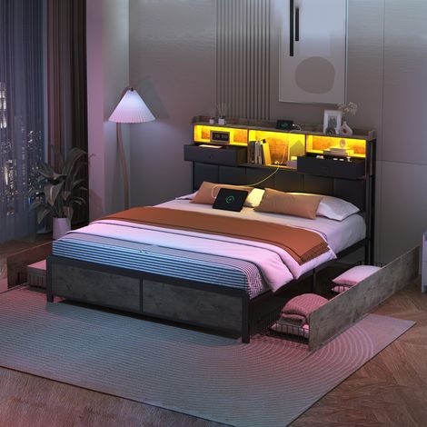 Lit 140x200 cm avec éclairage LED et 2 Port USB, Lit Coffre avec Tiroirs, Cadre de Lit avec Sommier à Lattes et Tete de Lit, Lit 2 Personnes, PU, Noir (1/5)